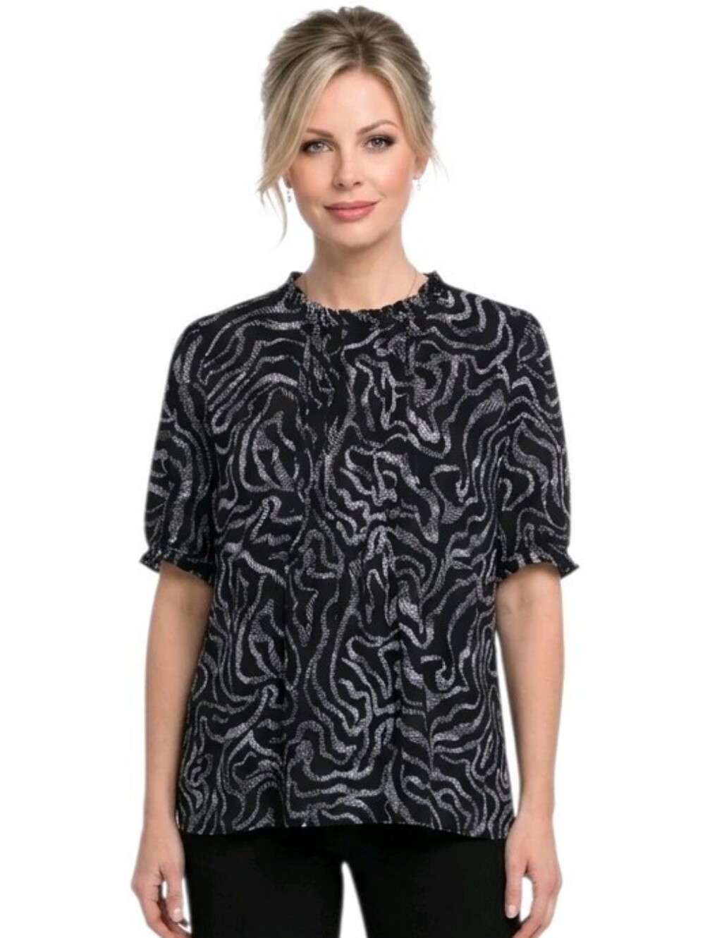 Loft Black & White Abstracted Wavy  Pleated Neckline Puffy Sleeve Blouse Size L
